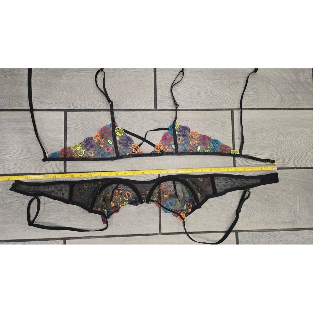 Neon Floral Embroidered Mesh Bra and Garter Belt Lingerie Set Black Underwire - Picture 4 of 5